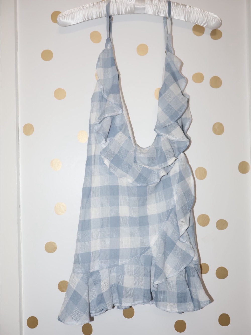 BRAND NEW Beach Riot Light Blue & White Gingham Ruffle Wrap Mini Dress - Picture 4 of 6